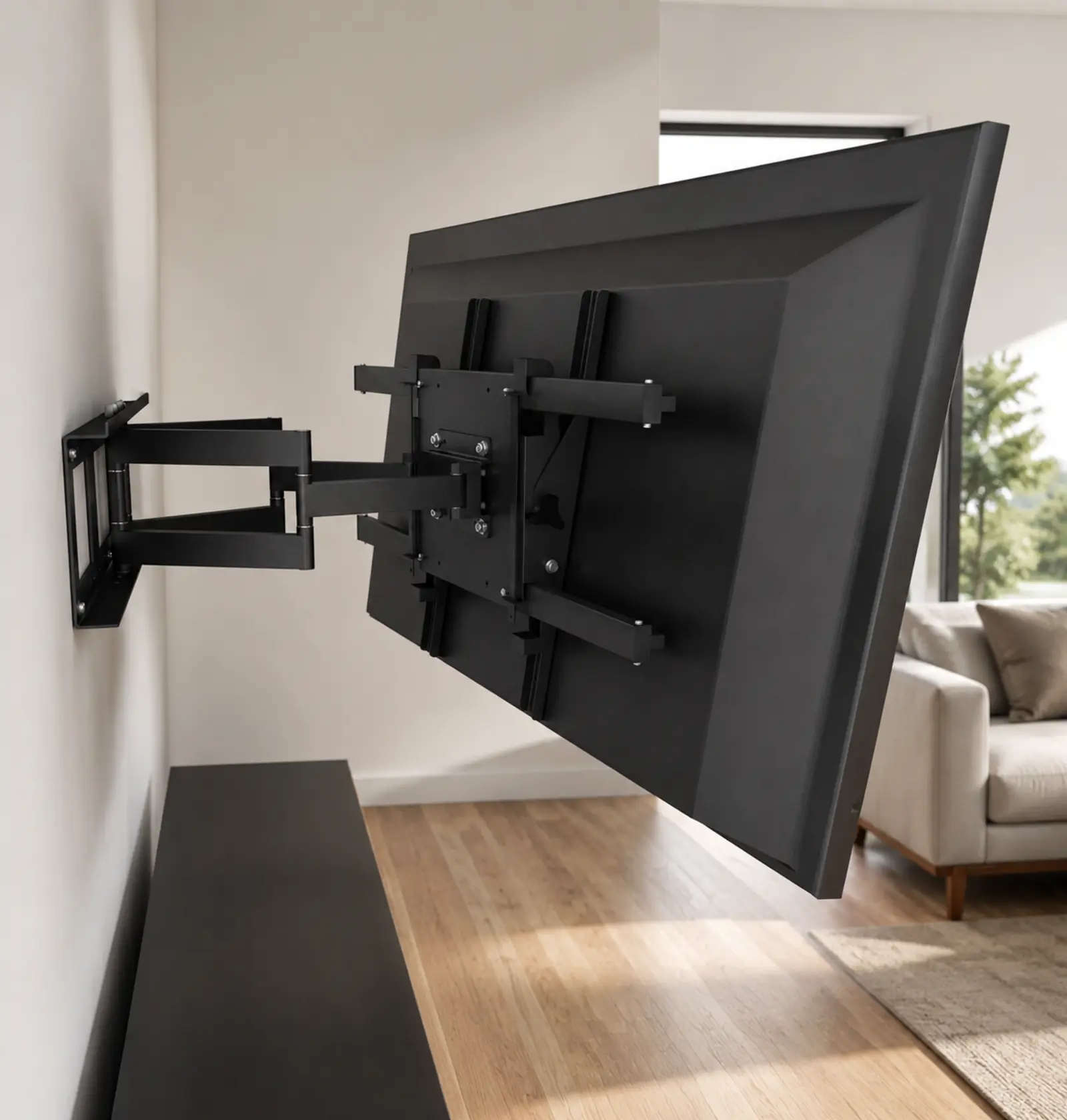 Soporte articulado premium instalado detrás de un televisor
